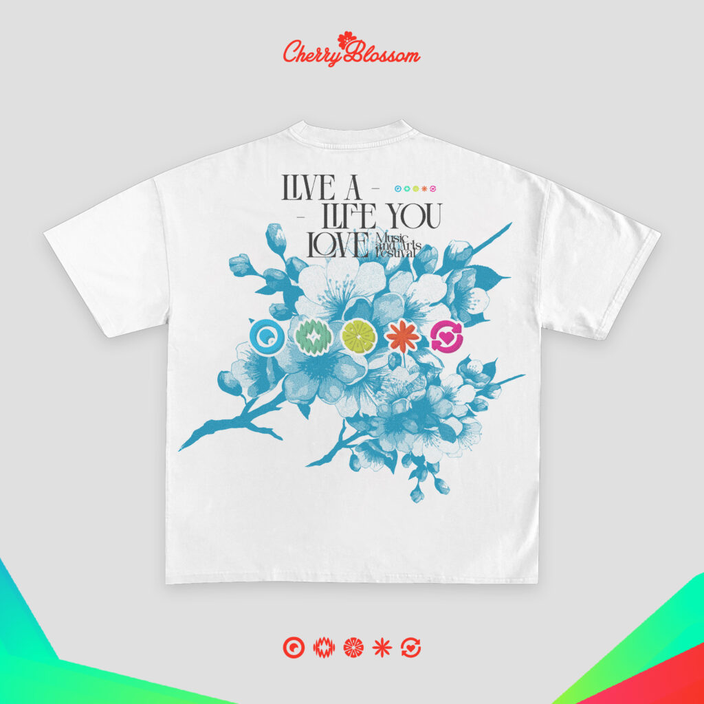 Indigo Drift, Blue floral print on front with matching blue design on back, Oversized Fit Half Sleeve (Unisex), Cherry Blossom Merchandise.