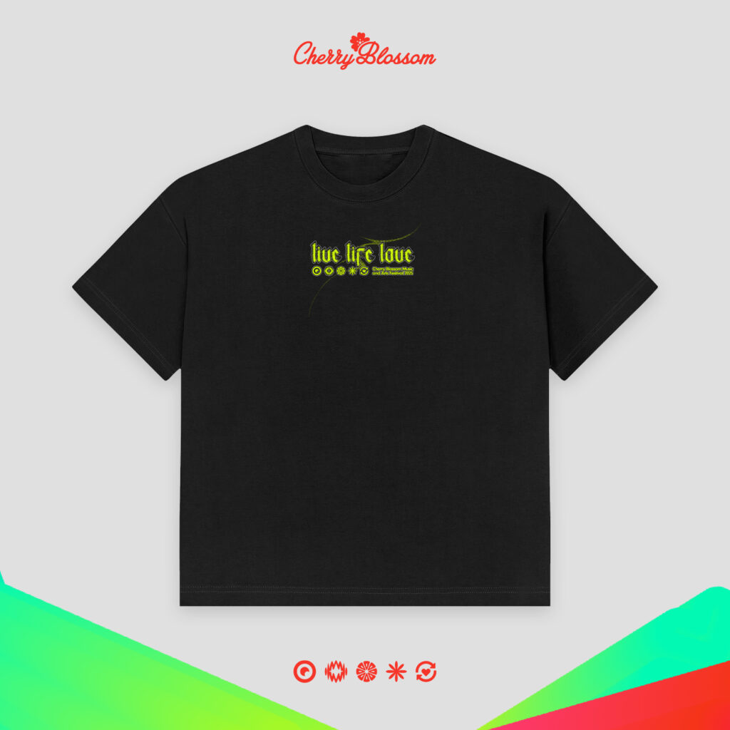 “Live Life Love” – green design on front, Oversized Fit Half Sleeve (Unisex), Green Pulse, Cherry Blossom Merchandise.