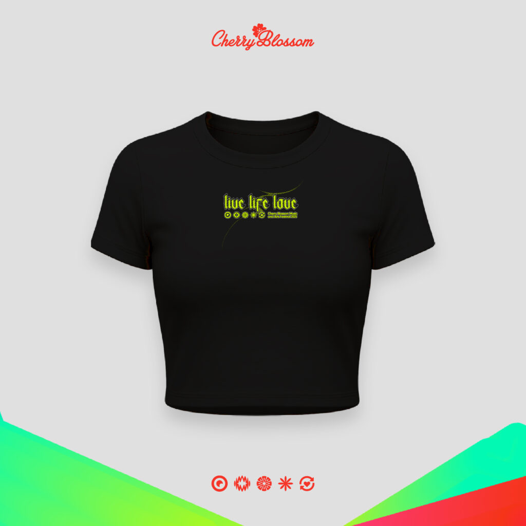 Live Life Love—green design on front. Live Green Edit, Regular Fit, Women's Tee, Cherry Blossom Merchandise.