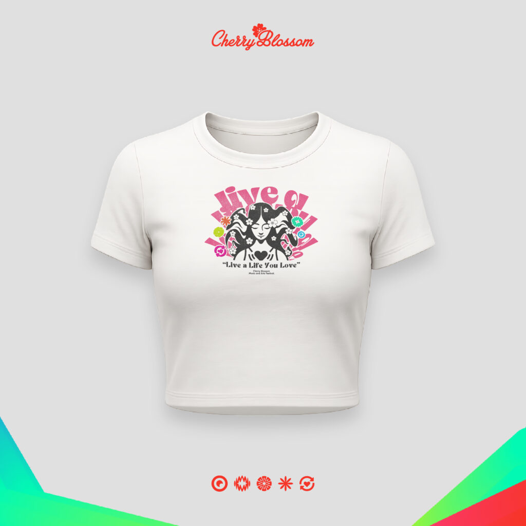 Live a Life You Love – pink design on front, Live & Love Drop, regular fit, Women's Tee, Cherry Blossom Merchandise.