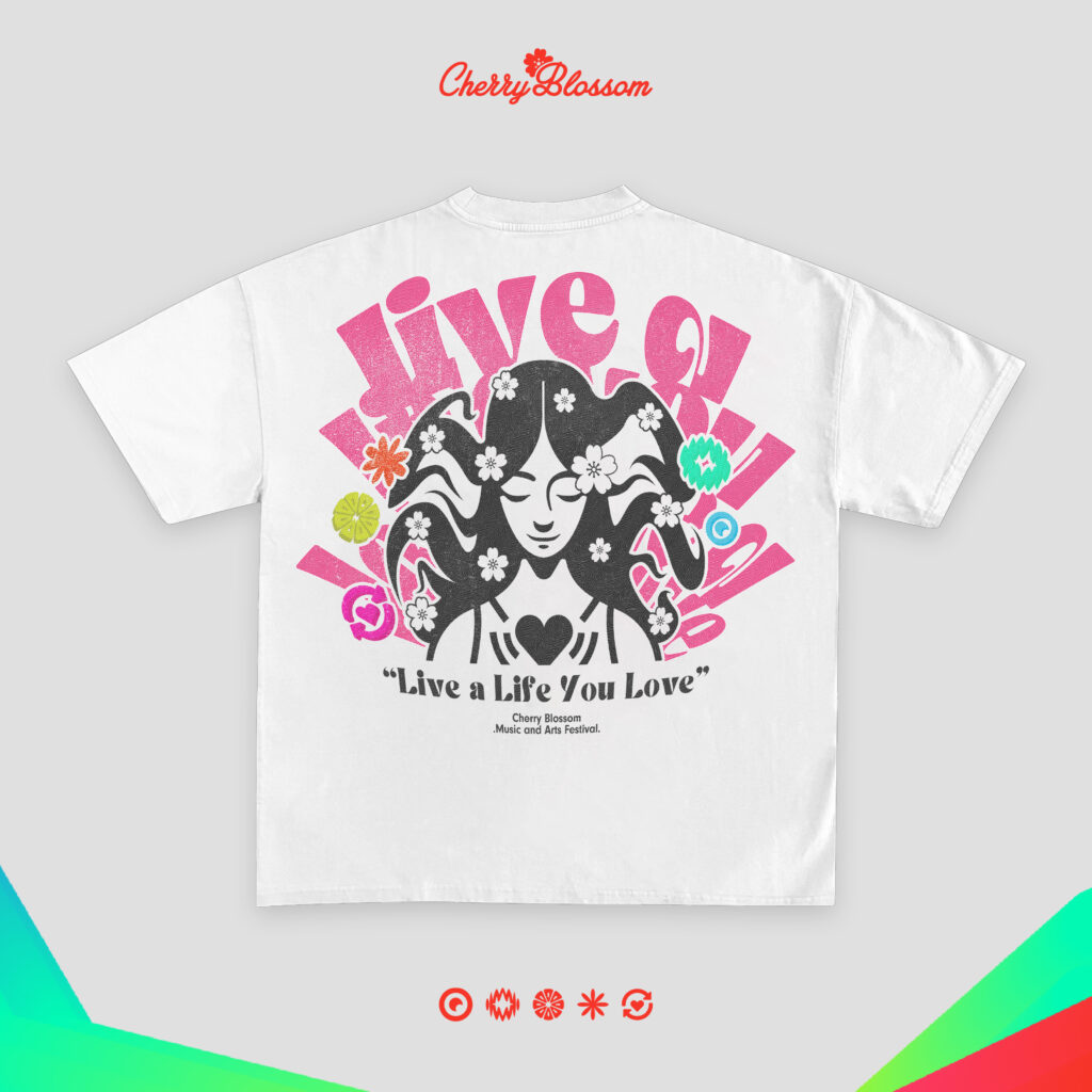 Oversized Fit Half Sleeve (Unisex) Live a Life You Love” – pink design on front, larger matching design on back, Blush Journey. Cherry Blossom Merchandise.