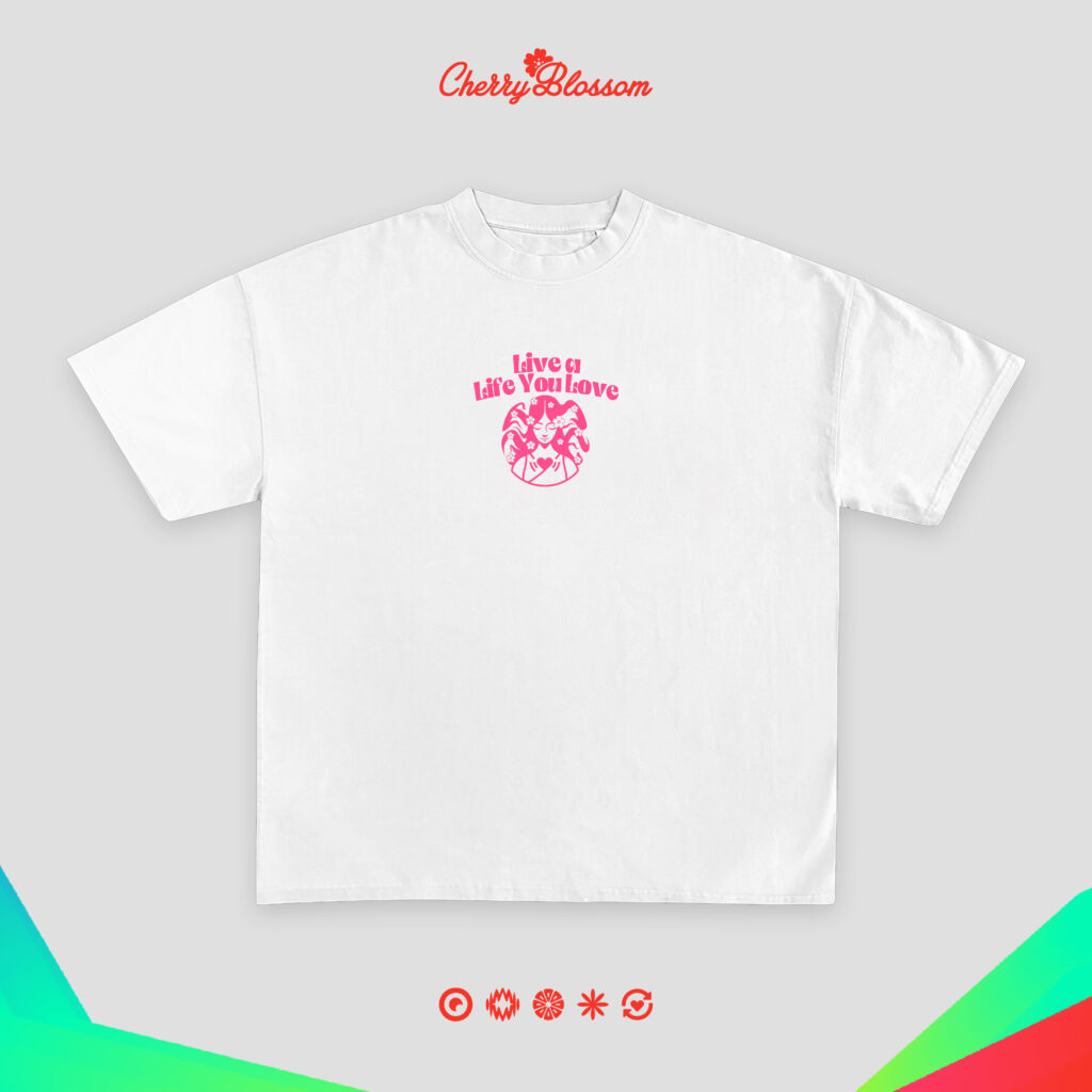 Oversized Fit Half Sleeve (Unisex) Live a Life You Love” – pink design on front, larger matching design on back, Blush Journey.